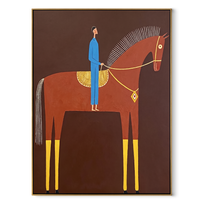 Blue Rider Meets the Red Horse - red horse rider painting by Isabelle Laurent, modern Western vertical wall art – wood frame on white background