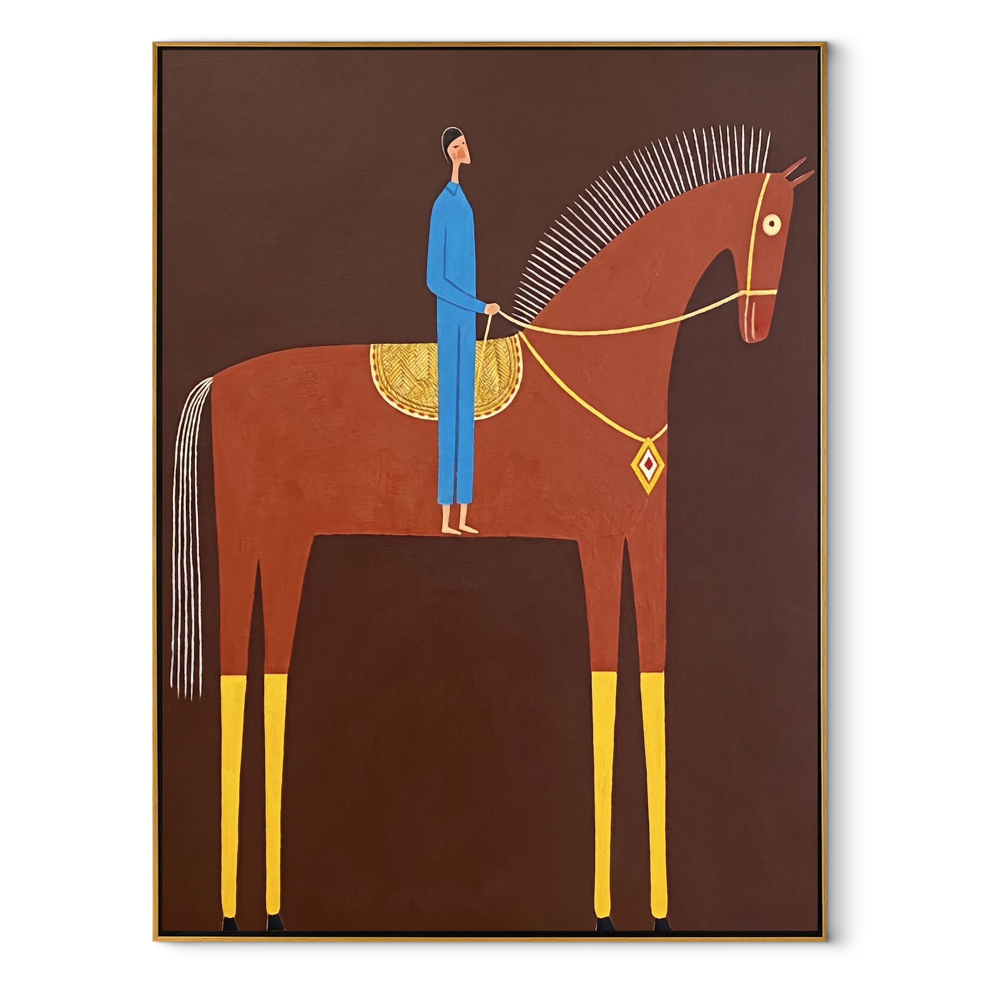 Blue Rider Meets the Red Horse - red horse rider painting by Isabelle Laurent, modern Western vertical wall art – wood frame on white background