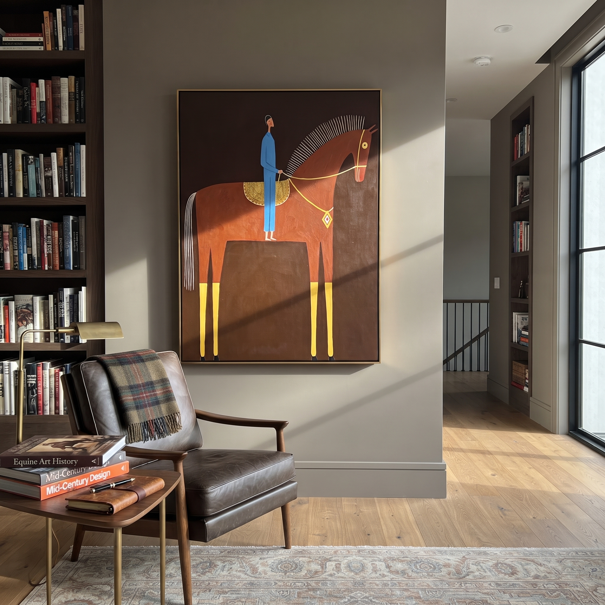 Blue Rider Meets the Red Horse - red horse rider painting by Isabelle Laurent, modern Western vertical wall art – styled room scene view 3