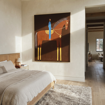 Blue Rider Meets the Red Horse - red horse rider painting by Isabelle Laurent, modern Western vertical wall art – styled room scene view 4