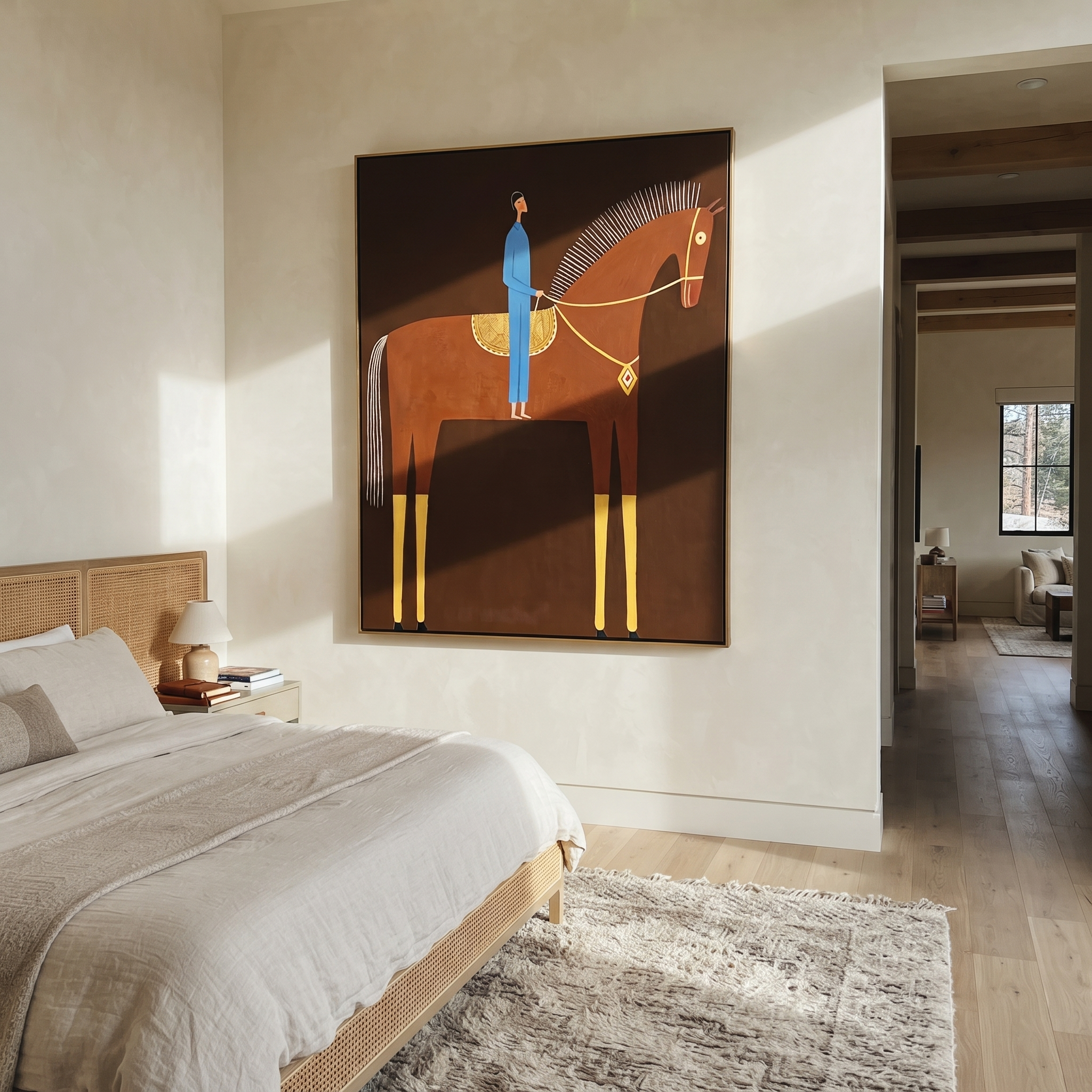 Blue Rider Meets the Red Horse - red horse rider painting by Isabelle Laurent, modern Western vertical wall art – styled room scene view 4