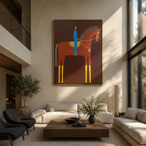 Blue Rider Meets the Red Horse - red horse rider painting by Isabelle Laurent, modern Western vertical wall art – styled room scene view 5