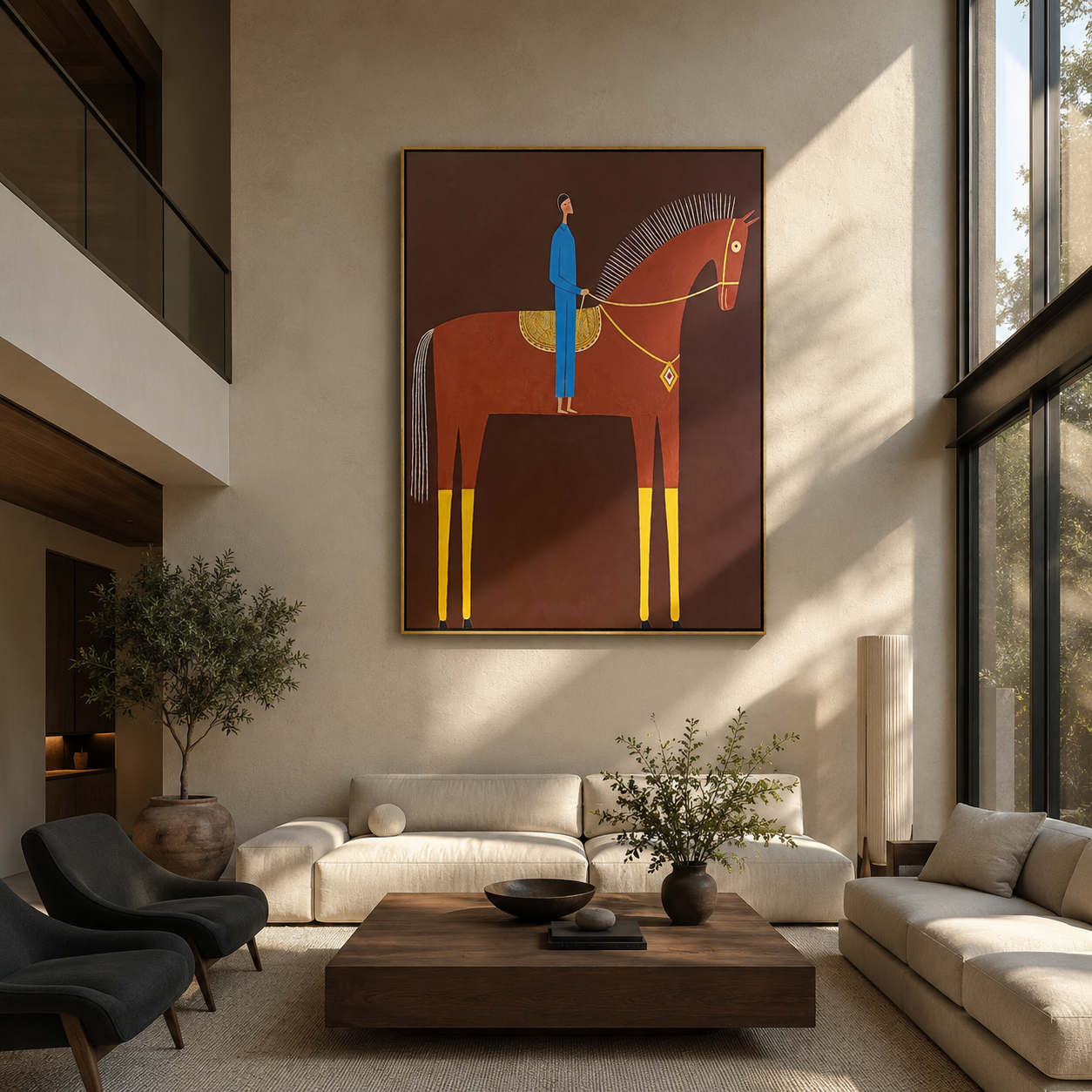 Blue Rider Meets the Red Horse - red horse rider painting by Isabelle Laurent, modern Western vertical wall art – styled room scene view 5