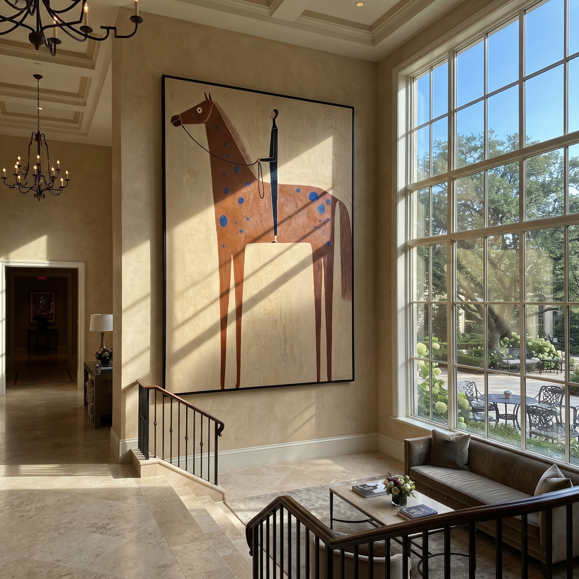 Blue Spots Cross the Brown Horse - spotted horse and figure painting by Isabelle Laurent, modern Western vertical wall art – styled room scene view 1