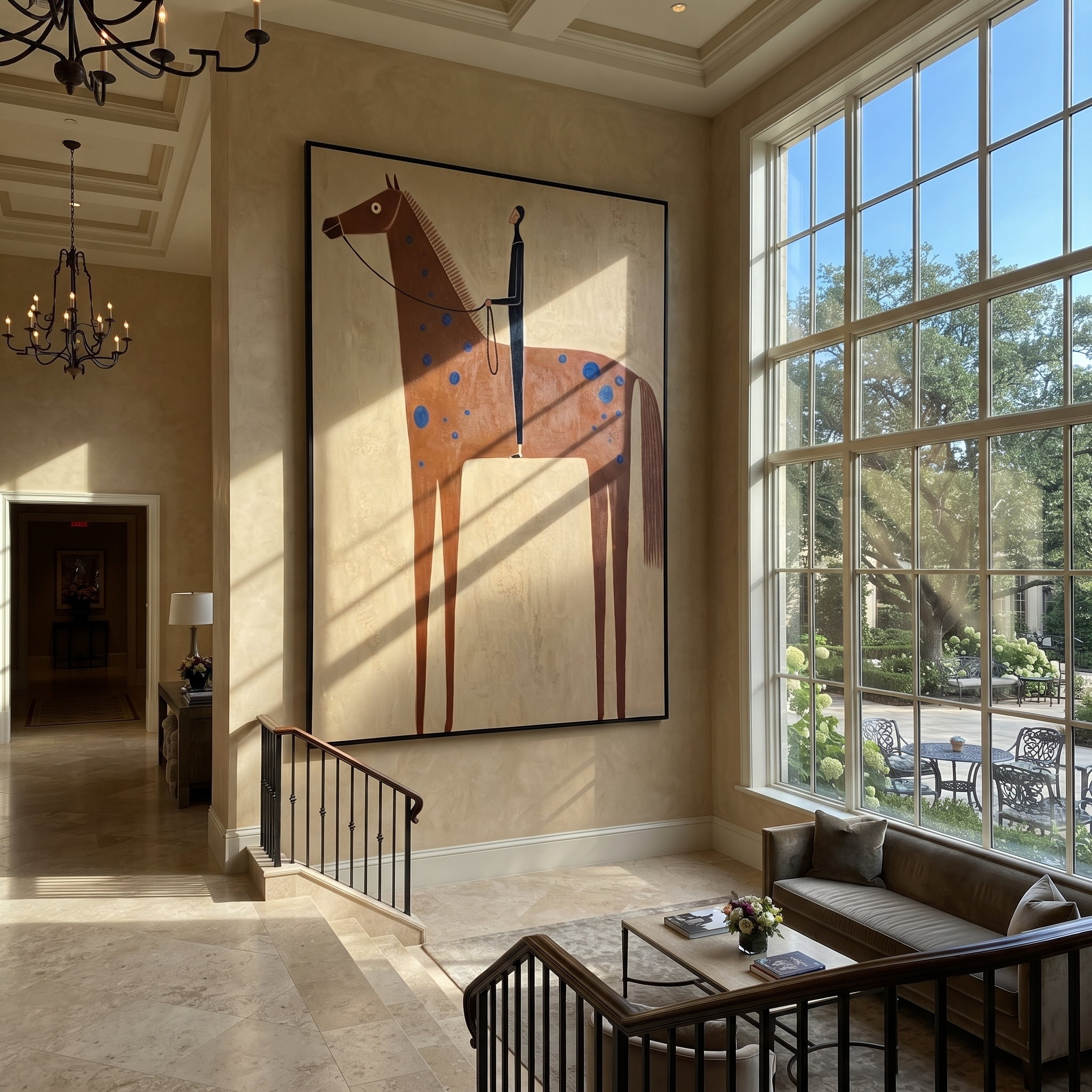 Blue Spots Cross the Brown Horse - spotted horse and figure painting by Isabelle Laurent, modern Western vertical wall art – styled room scene view 1