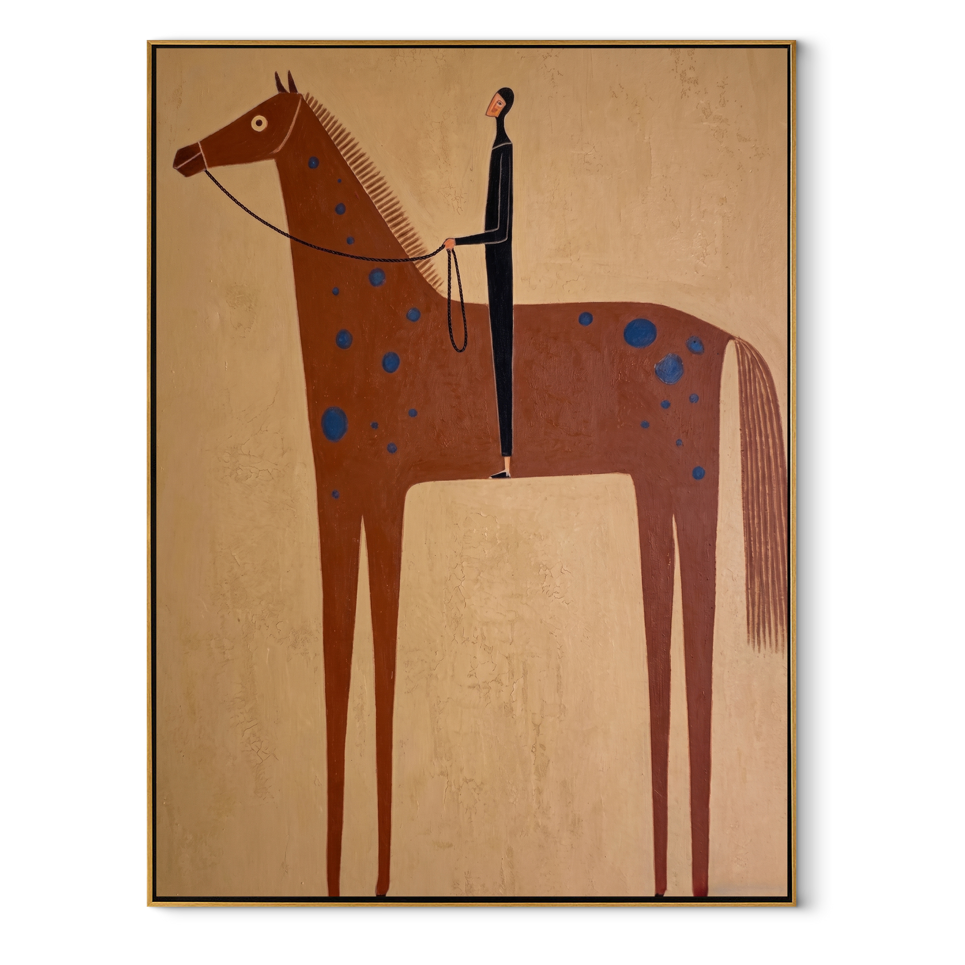 Blue Spots Cross the Brown Horse - spotted horse and figure painting by Isabelle Laurent, modern Western vertical wall art – wood frame on white background