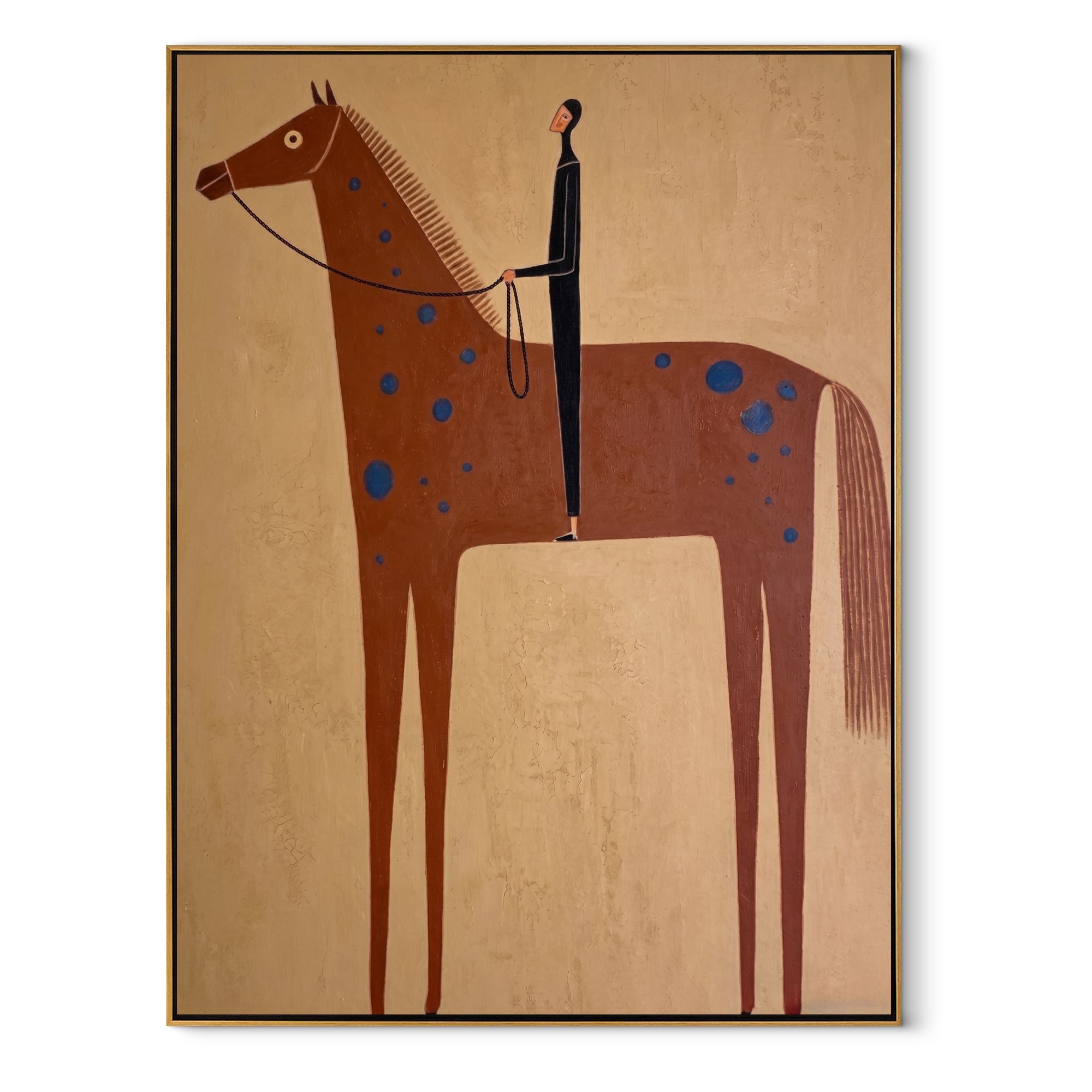 Blue Spots Cross the Brown Horse - spotted horse and figure painting by Isabelle Laurent, modern Western vertical wall art – wood frame on white background