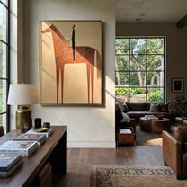 Blue Spots Cross the Brown Horse - spotted horse and figure painting by Isabelle Laurent, modern Western vertical wall art – styled room scene view 4