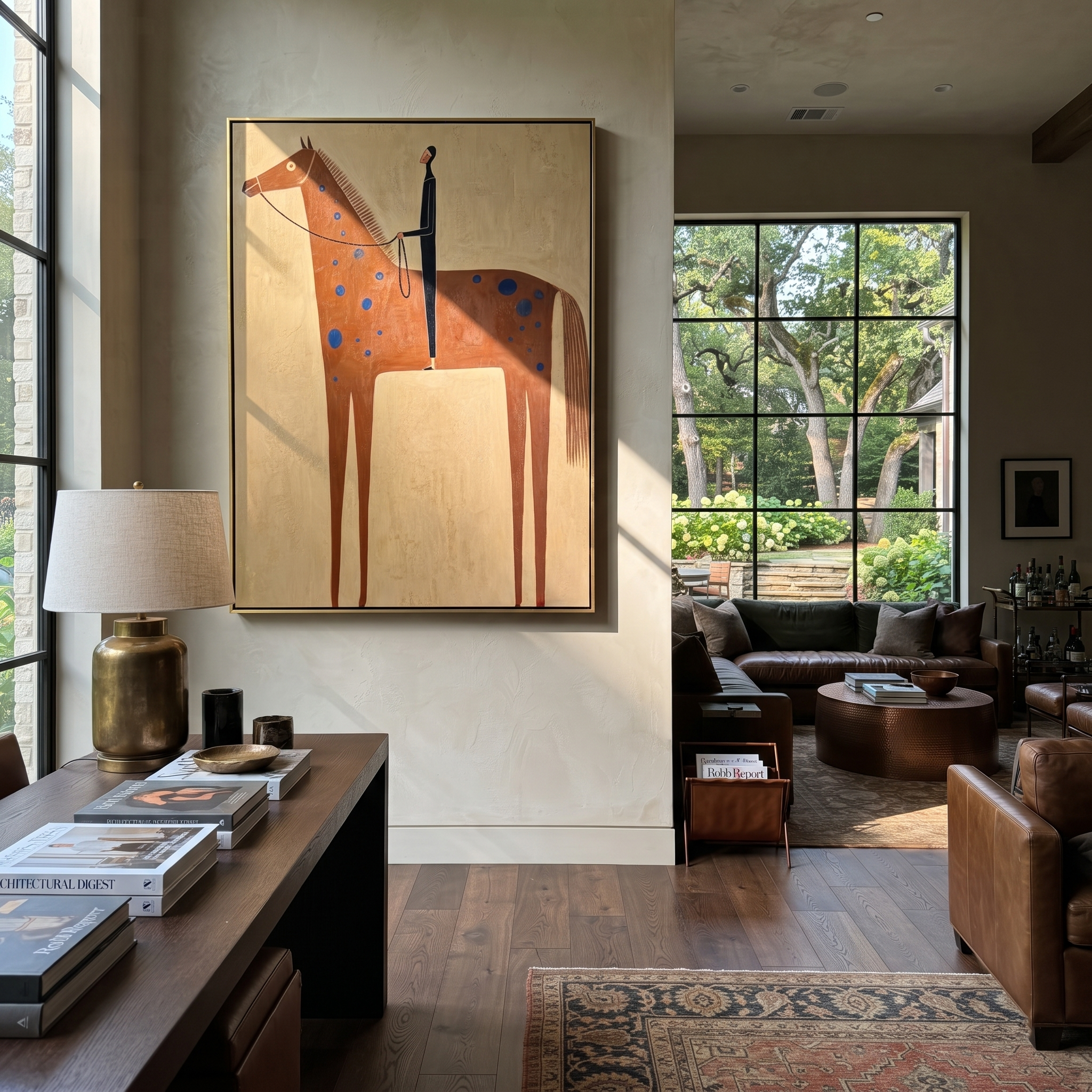 Blue Spots Cross the Brown Horse - spotted horse and figure painting by Isabelle Laurent, modern Western vertical wall art – styled room scene view 4