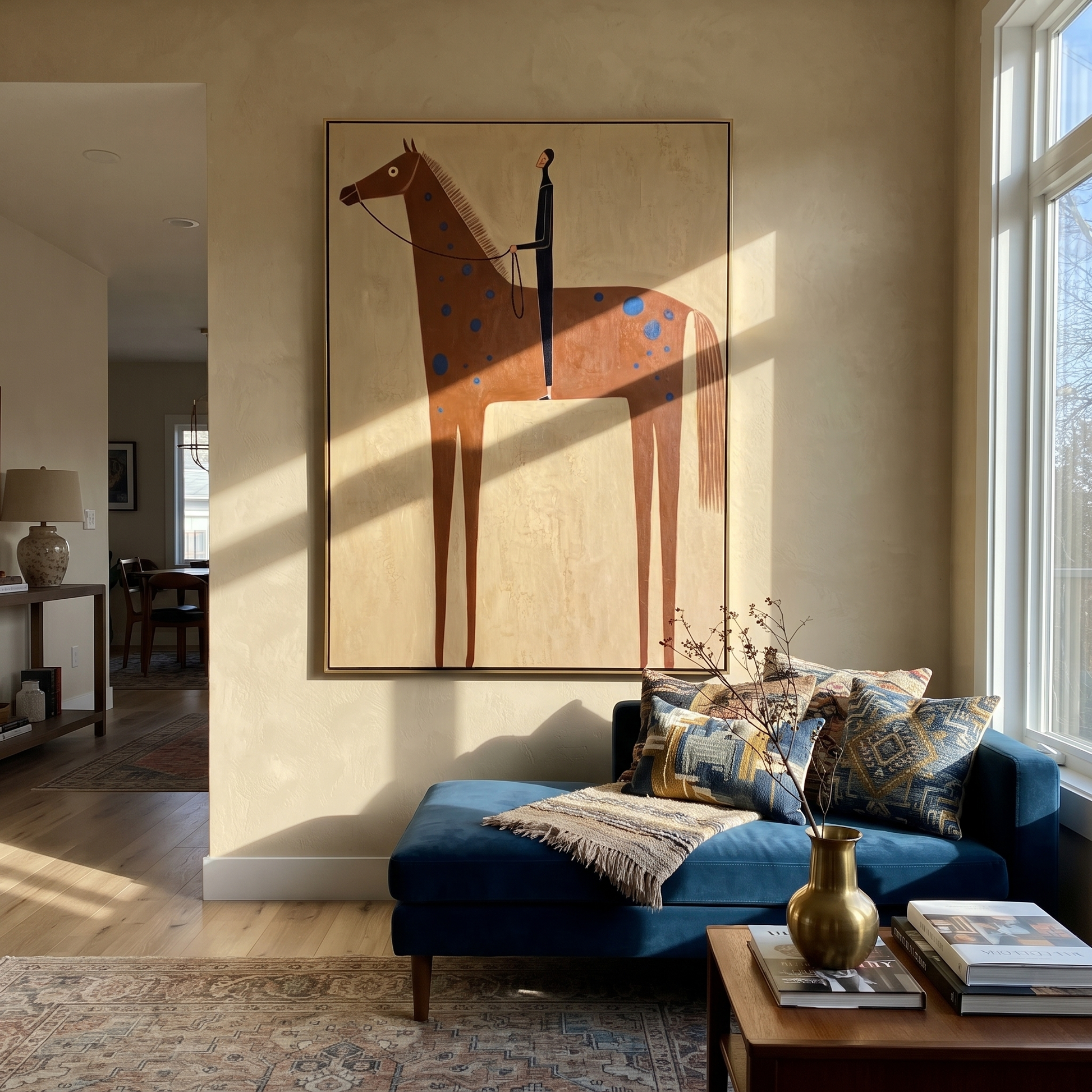 Blue Spots Cross the Brown Horse - spotted horse and figure painting by Isabelle Laurent, modern Western vertical wall art – styled room scene view 5