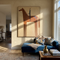 Blue Spots Cross the Brown Horse - spotted horse and figure painting by Isabelle Laurent, modern Western vertical wall art – styled room scene view 5
