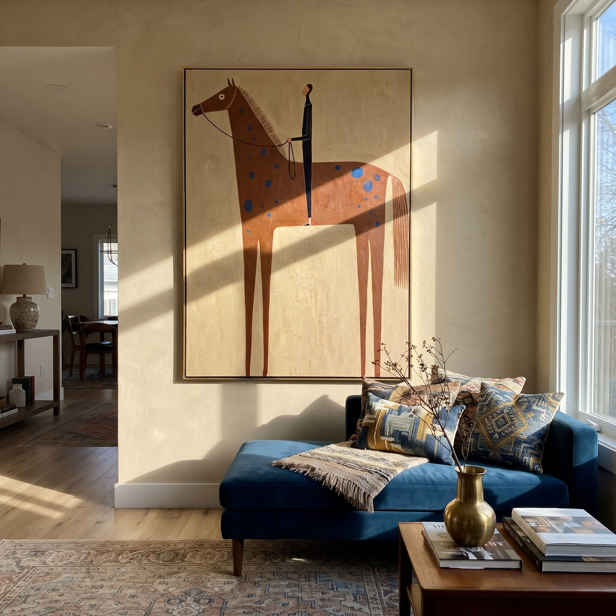 Blue Spots Cross the Brown Horse - spotted horse and figure painting by Isabelle Laurent, modern Western vertical wall art – styled room scene view 5