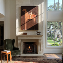 The Pale Rider Holds the Brown Column - brown horse rider painting by Isabelle Laurent, modern Western vertical wall art – styled room scene view 1
