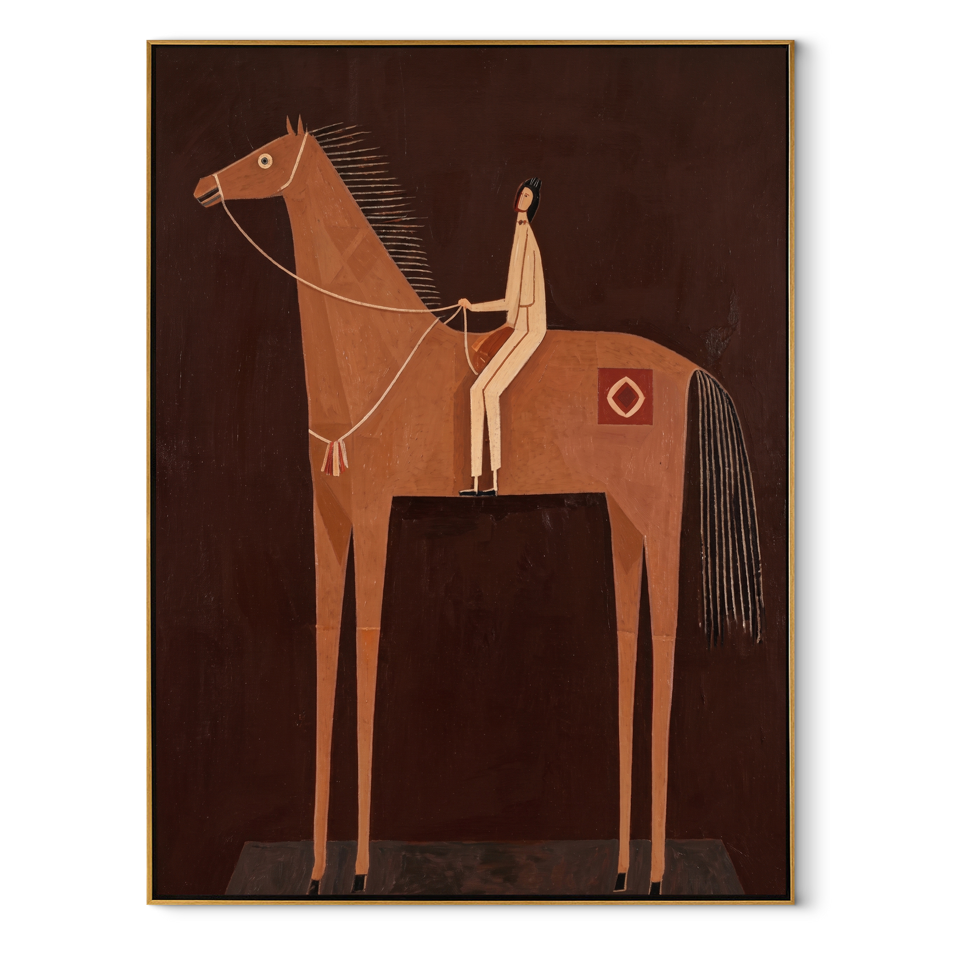 The Pale Rider Holds the Brown Column - brown horse rider painting by Isabelle Laurent, modern Western vertical wall art – wood frame on white background