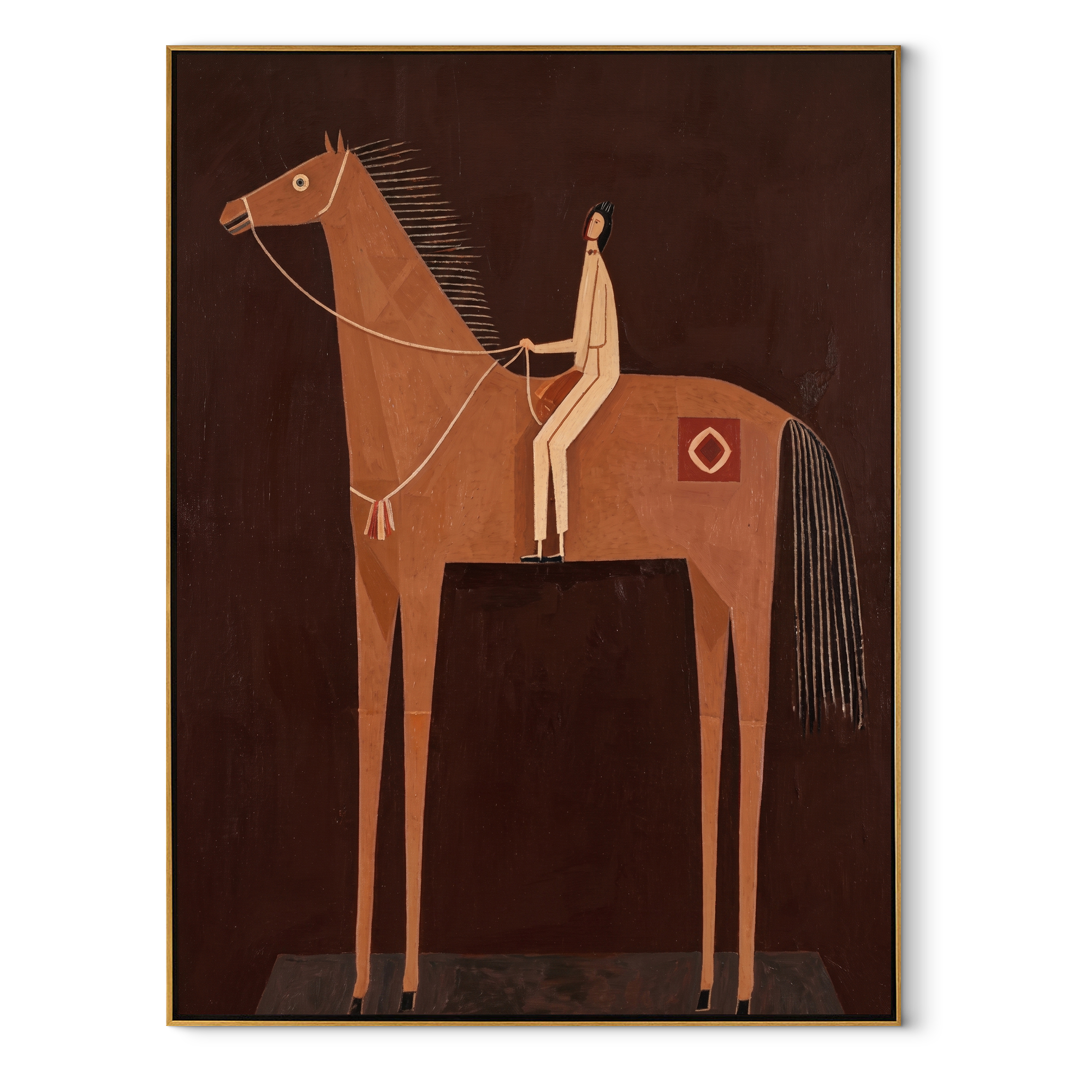 The Pale Rider Holds the Brown Column - brown horse rider painting by Isabelle Laurent, modern Western vertical wall art – wood frame on white background