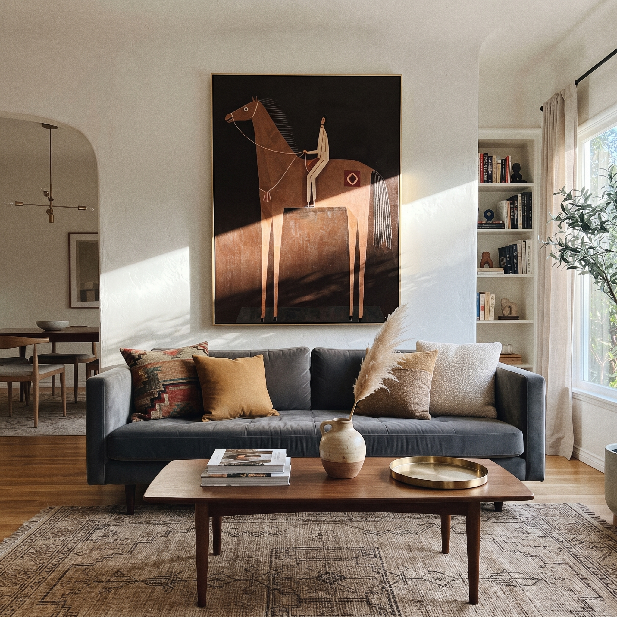 The Pale Rider Holds the Brown Column - brown horse rider painting by Isabelle Laurent, modern Western vertical wall art – styled room scene view 3