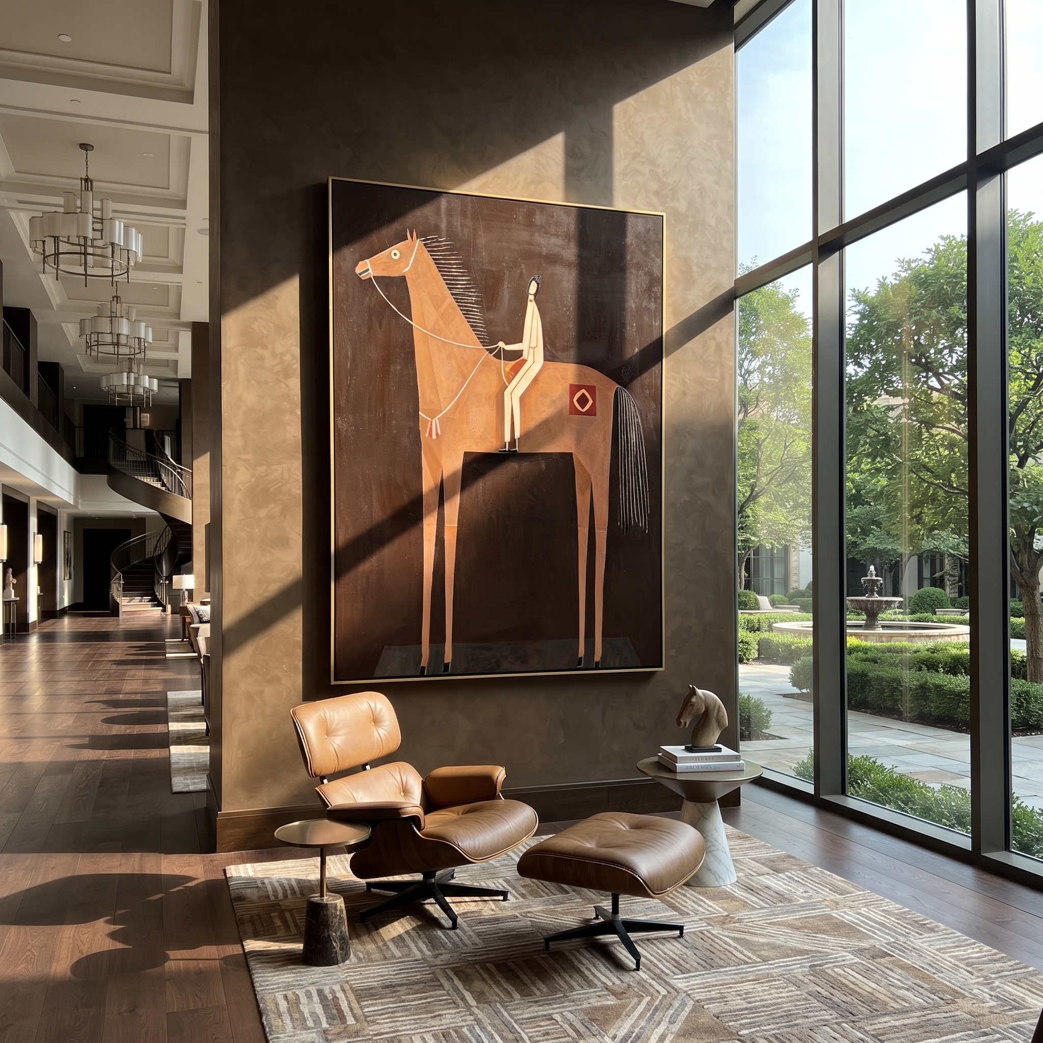 The Pale Rider Holds the Brown Column - brown horse rider painting by Isabelle Laurent, modern Western vertical wall art – styled room scene view 4