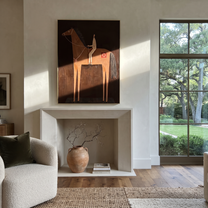 The Pale Rider Holds the Brown Column - brown horse rider painting by Isabelle Laurent, modern Western vertical wall art – styled room scene view 5