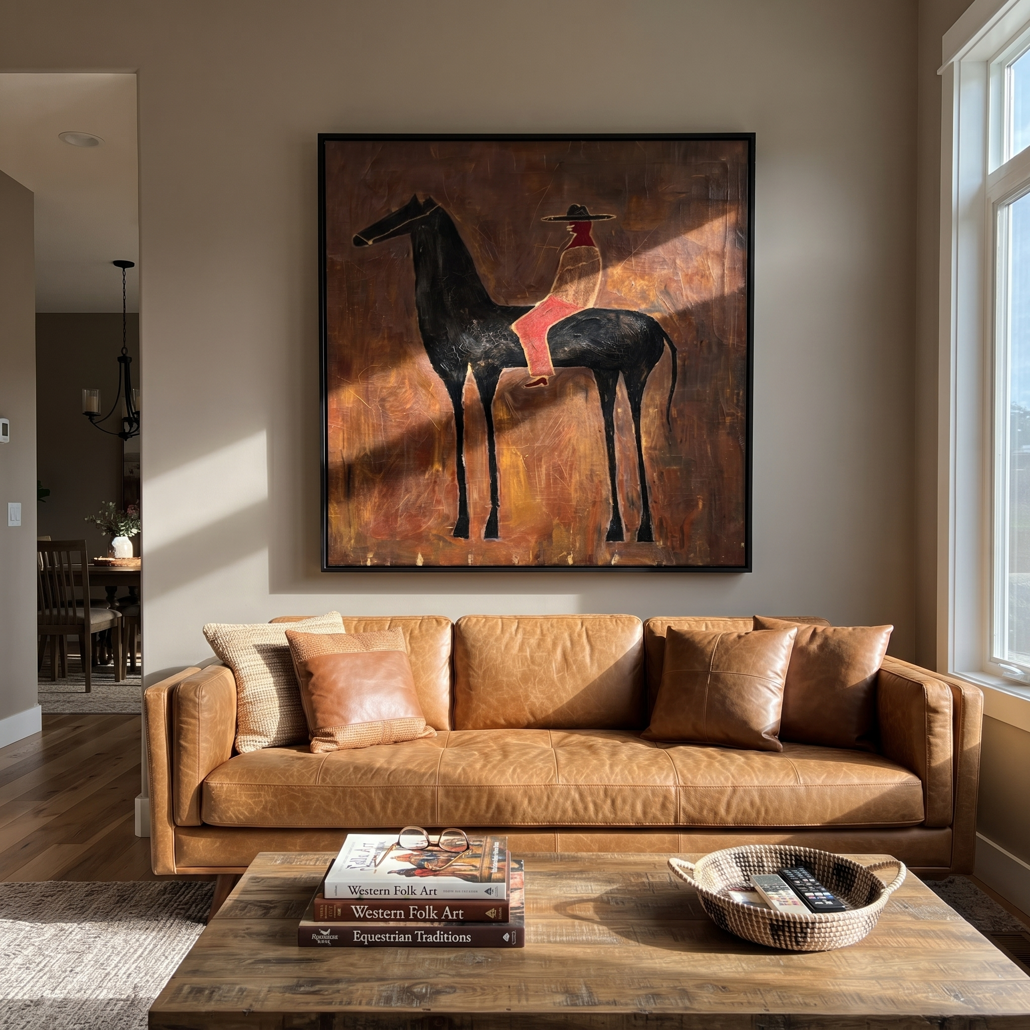 Rust Rider Waits on the Black Horse - cowgirl and black horse painting by Isabelle Laurent, modern Western square wall art – styled room scene view 1