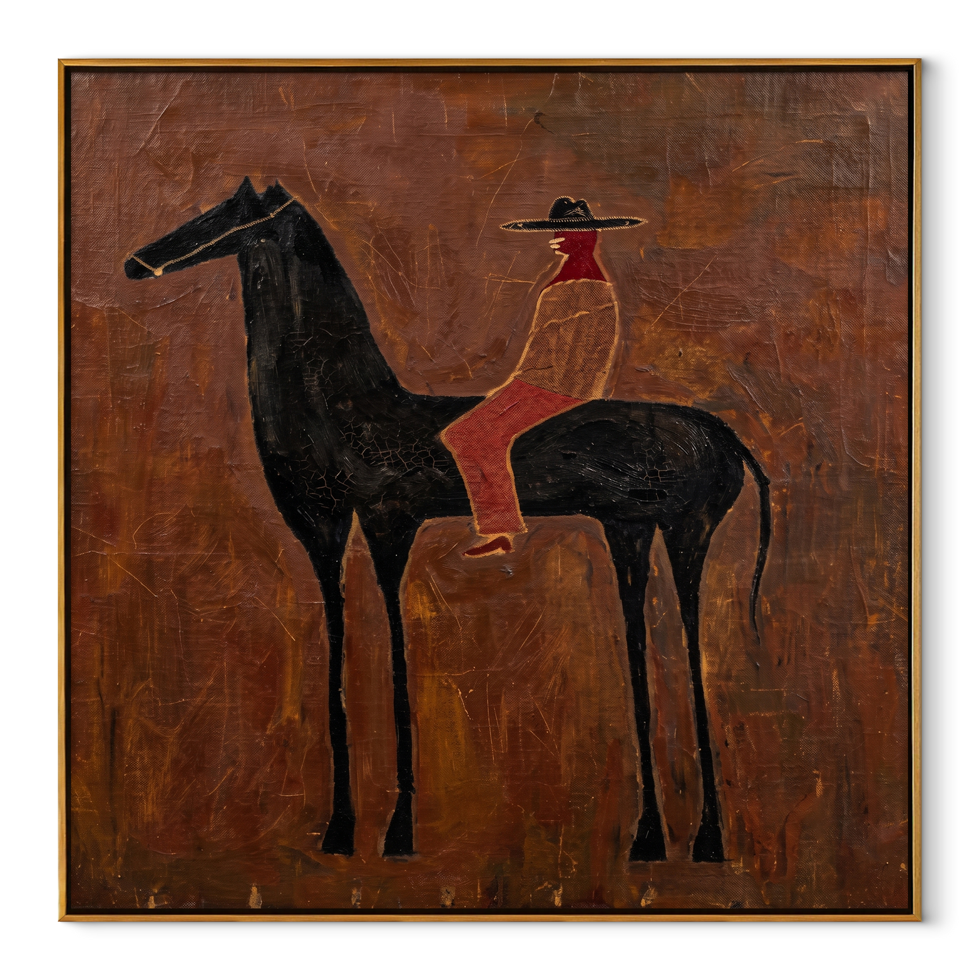 Rust Rider Waits on the Black Horse - cowgirl and black horse painting by Isabelle Laurent, modern Western square wall art – wood frame on white background