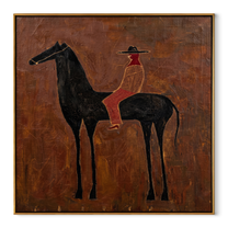 Rust Rider Waits on the Black Horse - cowgirl and black horse painting by Isabelle Laurent, modern Western square wall art – wood frame on white background