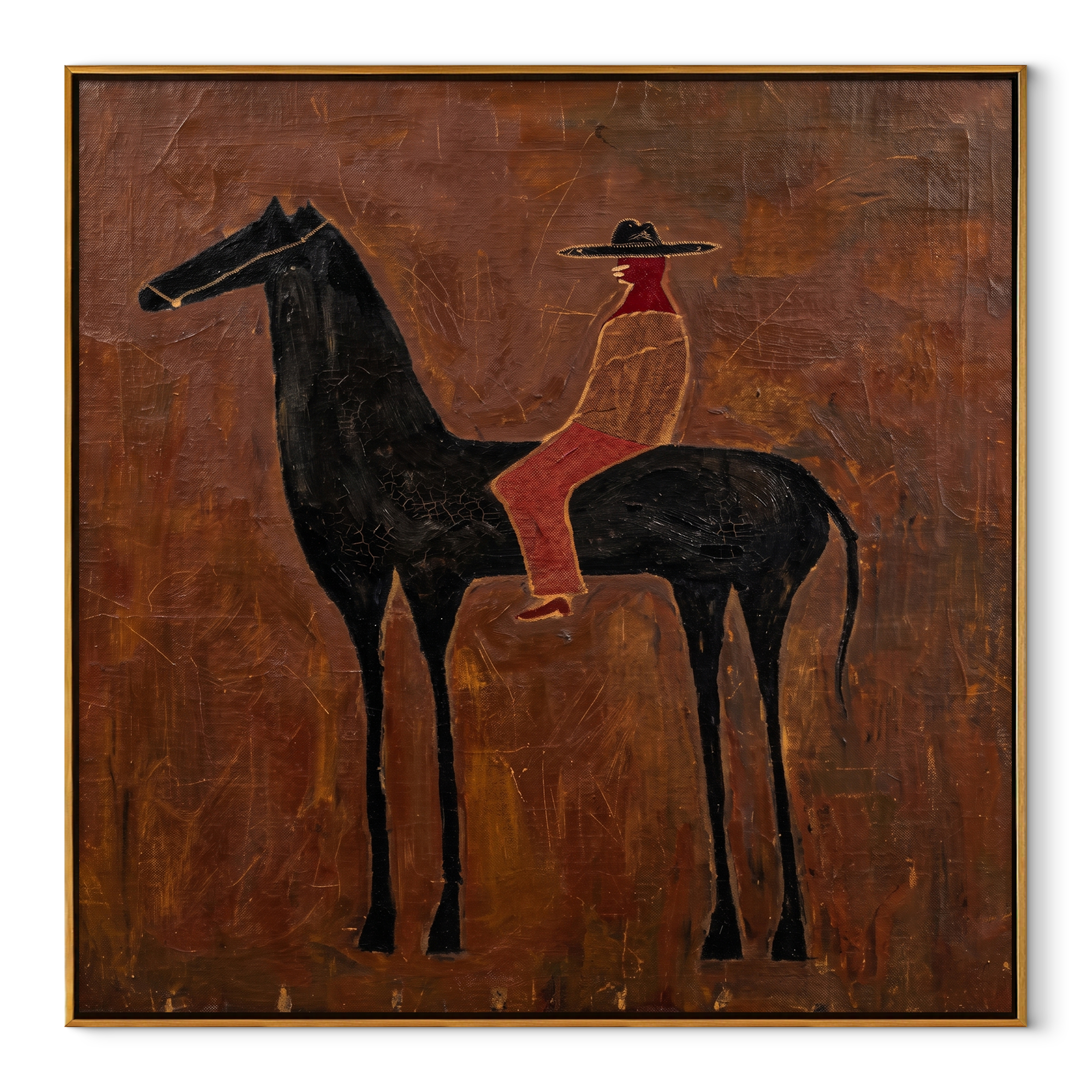 Rust Rider Waits on the Black Horse - cowgirl and black horse painting by Isabelle Laurent, modern Western square wall art – wood frame on white background
