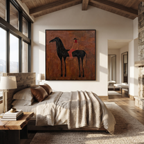 Rust Rider Waits on the Black Horse - cowgirl and black horse painting by Isabelle Laurent, modern Western square wall art – styled room scene view 2