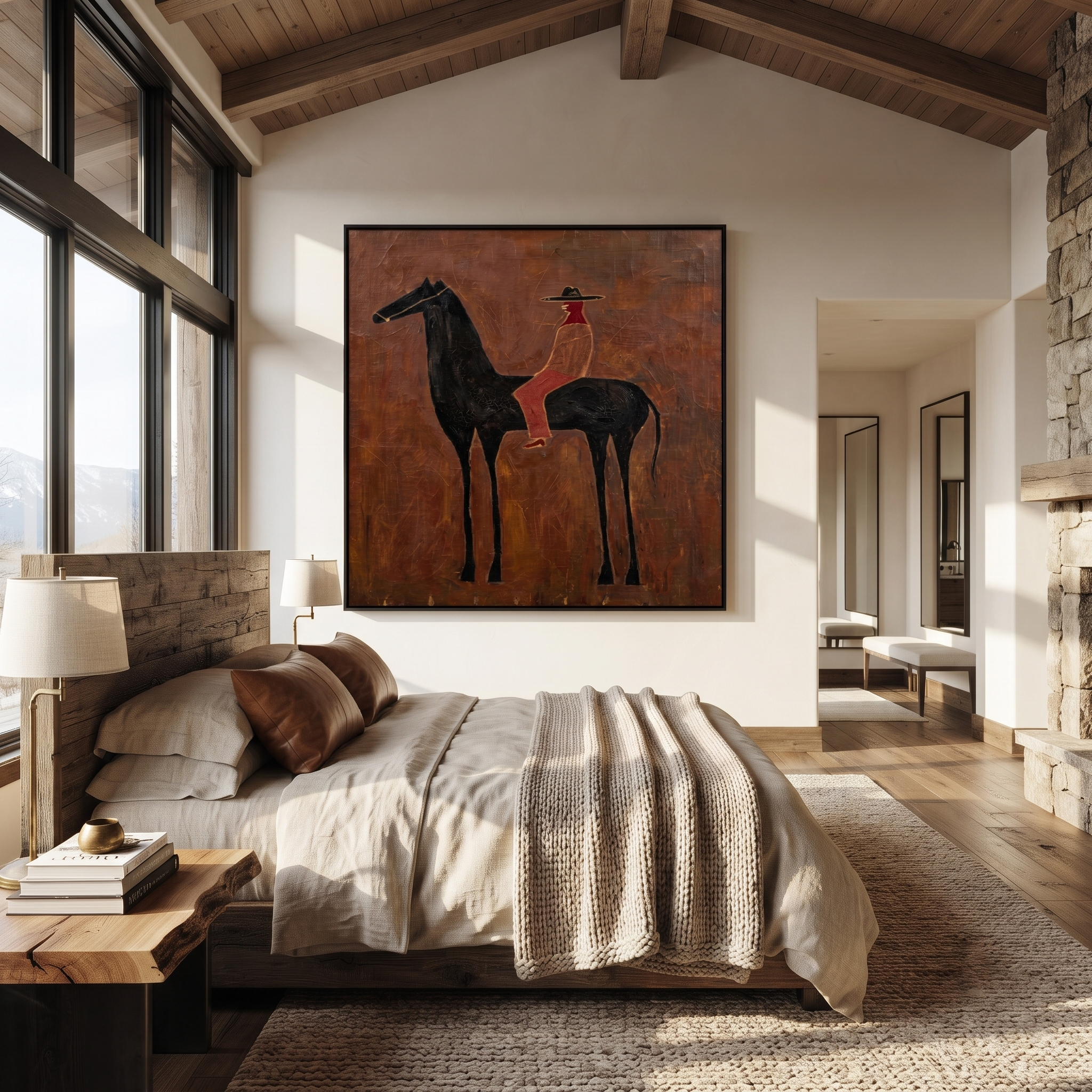 Rust Rider Waits on the Black Horse - cowgirl and black horse painting by Isabelle Laurent, modern Western square wall art – styled room scene view 2