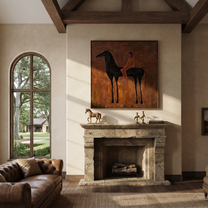 Rust Rider Waits on the Black Horse - cowgirl and black horse painting by Isabelle Laurent, modern Western square wall art – styled room scene view 5