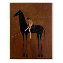 The Bent Rider Listens to the Black Horse - black horse and rider painting by Isabelle Laurent, modern Western vertical wall art – wood frame on white background