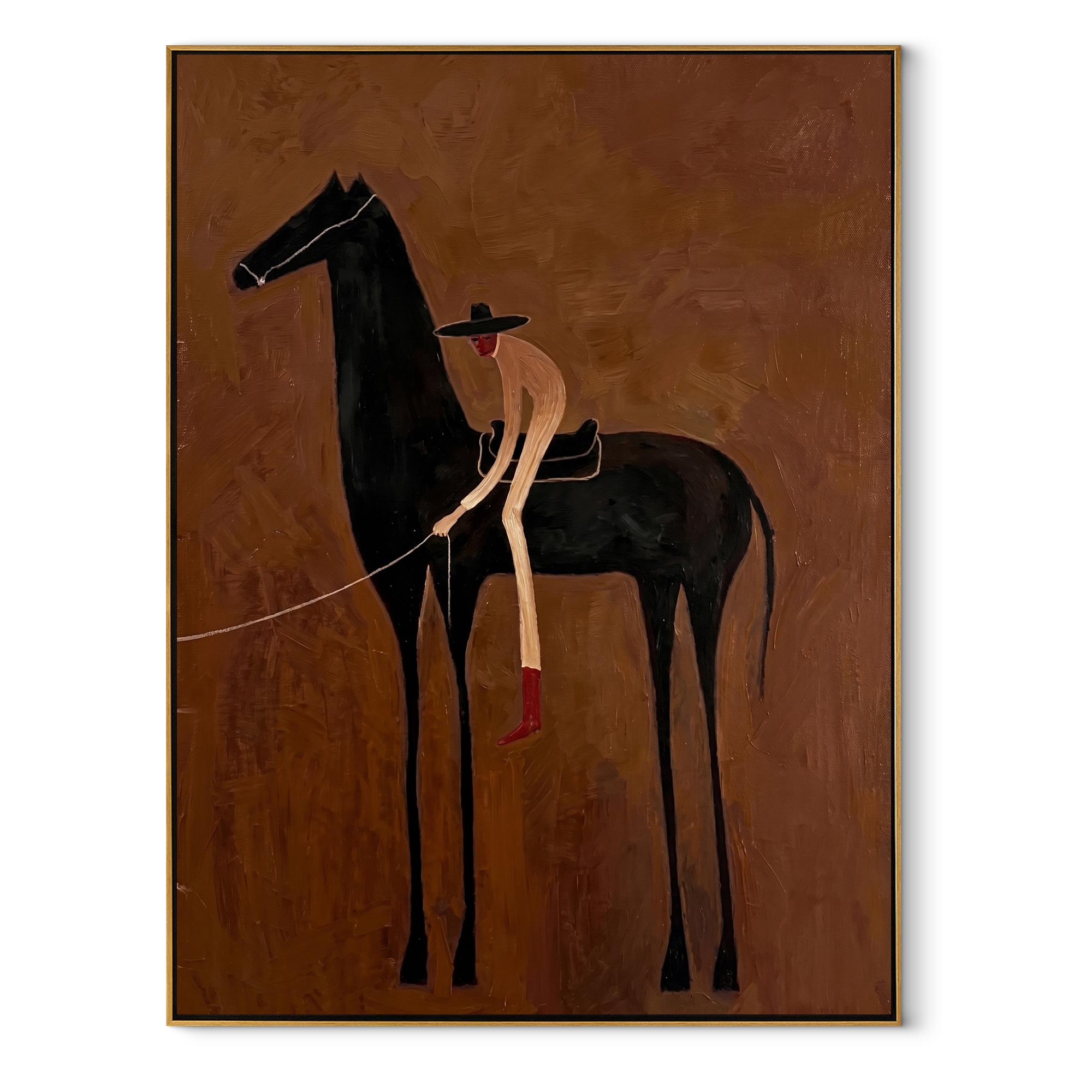The Bent Rider Listens to the Black Horse - black horse and rider painting by Isabelle Laurent, modern Western vertical wall art – wood frame on white background