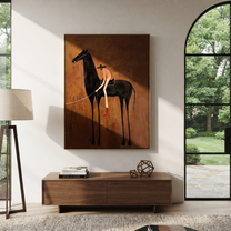 The Bent Rider Listens to the Black Horse - black horse and rider painting by Isabelle Laurent, modern Western vertical wall art – styled room scene view 2