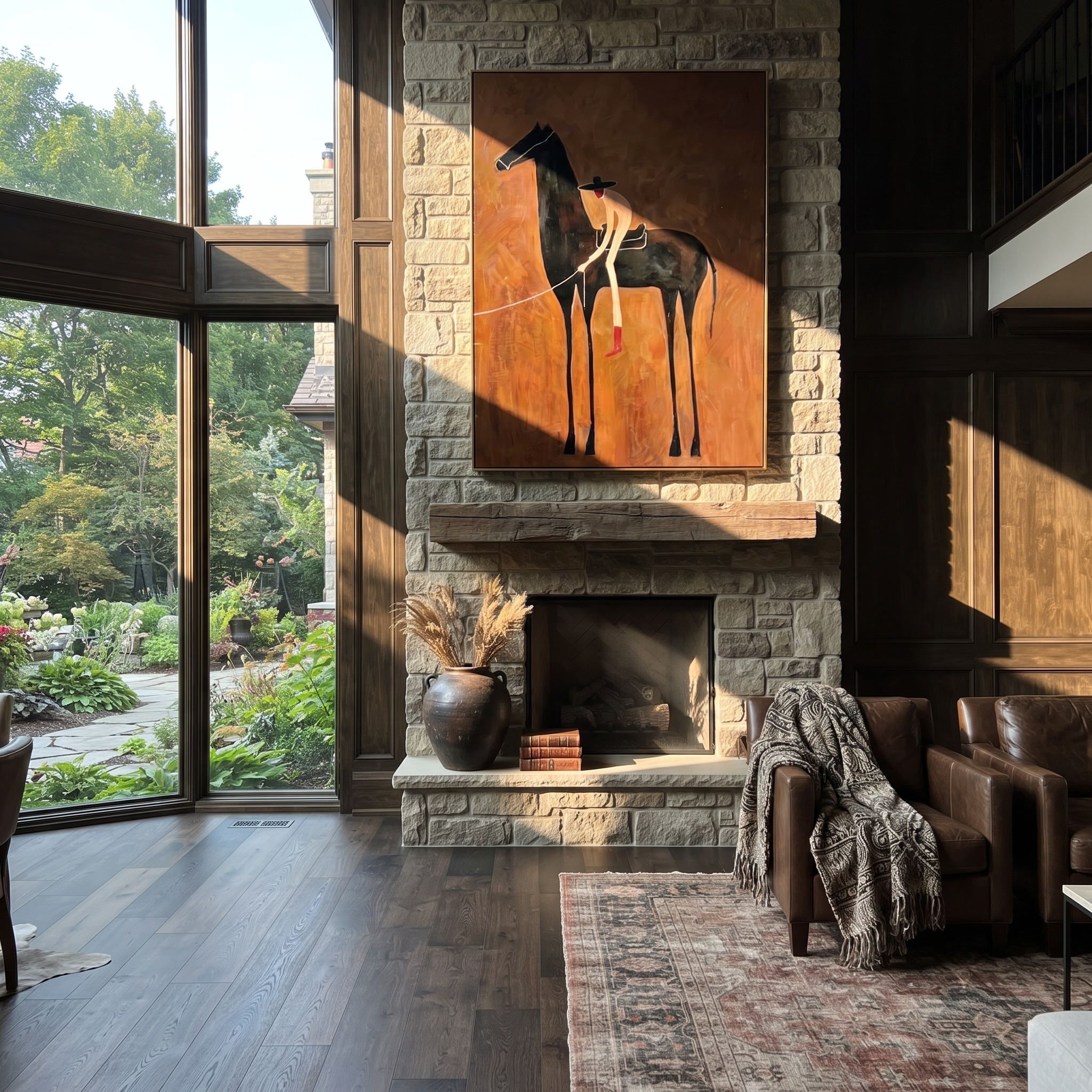 The Bent Rider Listens to the Black Horse - black horse and rider painting by Isabelle Laurent, modern Western vertical wall art – styled room scene view 3