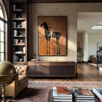 The Bent Rider Listens to the Black Horse - black horse and rider painting by Isabelle Laurent, modern Western vertical wall art – styled room scene view 4