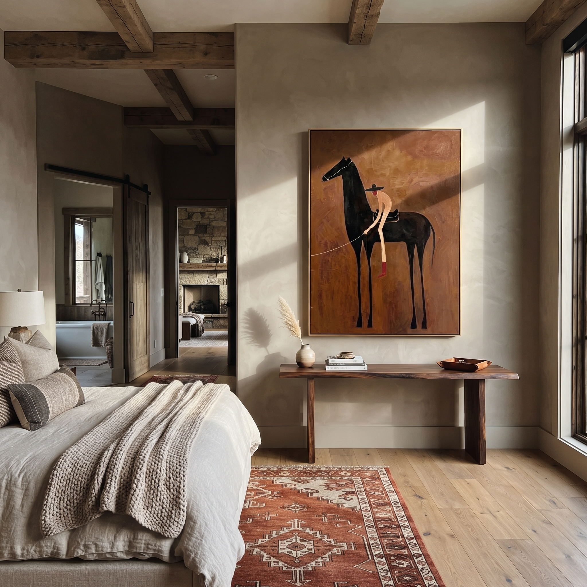 The Bent Rider Listens to the Black Horse - black horse and rider painting by Isabelle Laurent, modern Western vertical wall art – styled room scene view 5