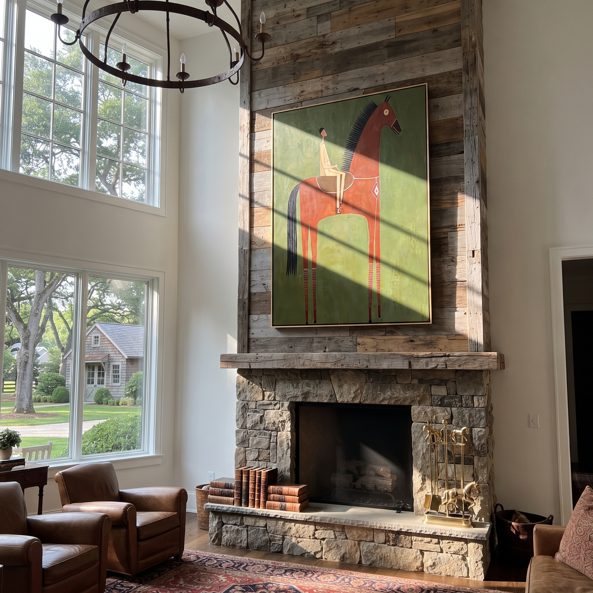 The Red Horse Carries a Quiet Rider - red horse rider painting by Isabelle Laurent, modern Western vertical wall art – styled room scene view 1