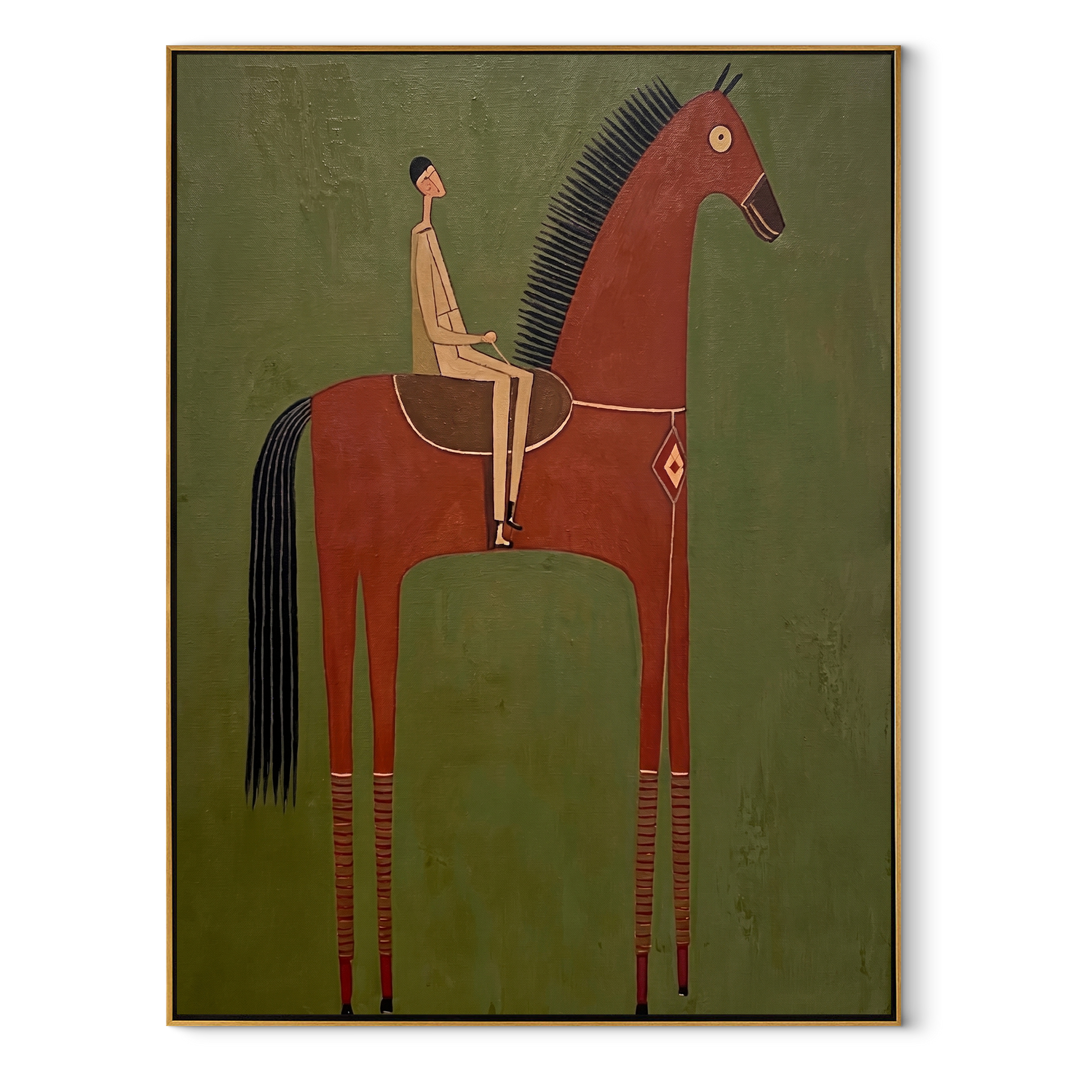 The Red Horse Carries a Quiet Rider - red horse rider painting by Isabelle Laurent, modern Western vertical wall art – wood frame on white background