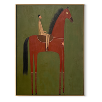 The Red Horse Carries a Quiet Rider - red horse rider painting by Isabelle Laurent, modern Western vertical wall art – wood frame on white background