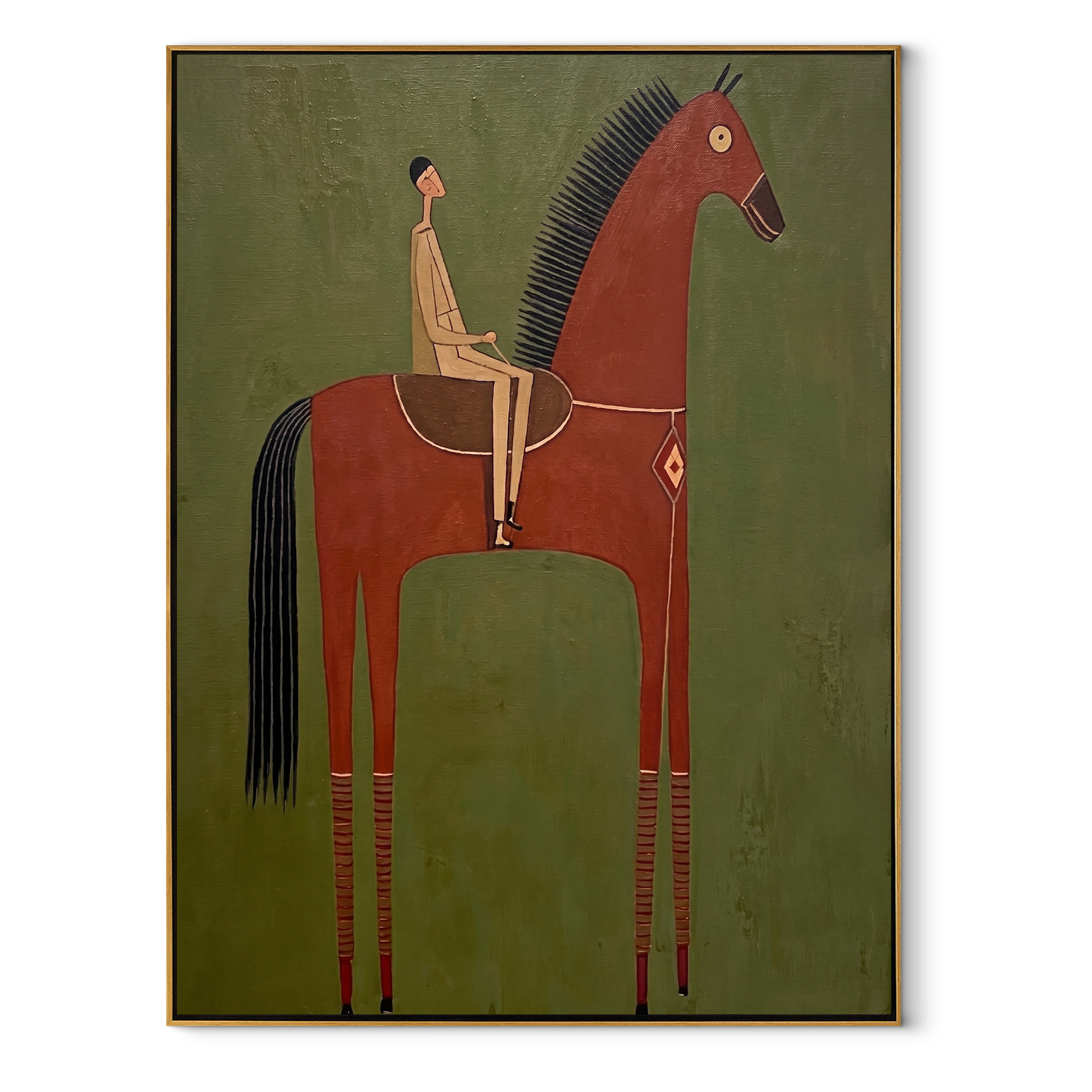 The Red Horse Carries a Quiet Rider - red horse rider painting by Isabelle Laurent, modern Western vertical wall art – wood frame on white background