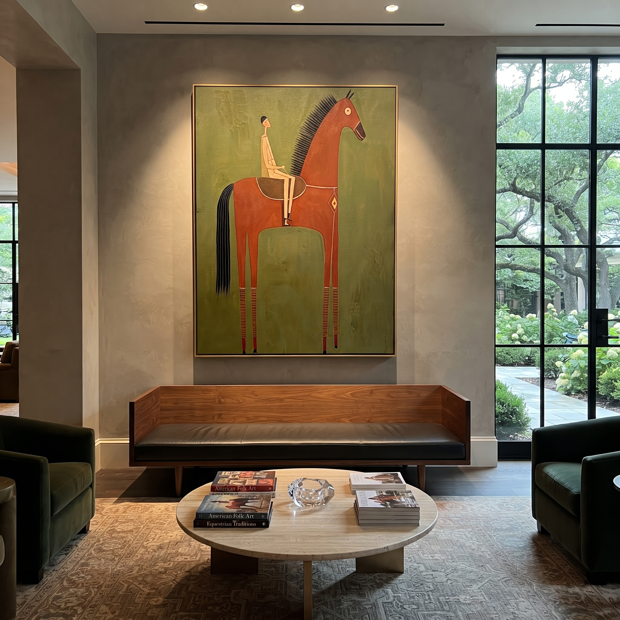 The Red Horse Carries a Quiet Rider - red horse rider painting by Isabelle Laurent, modern Western vertical wall art – styled room scene view 2