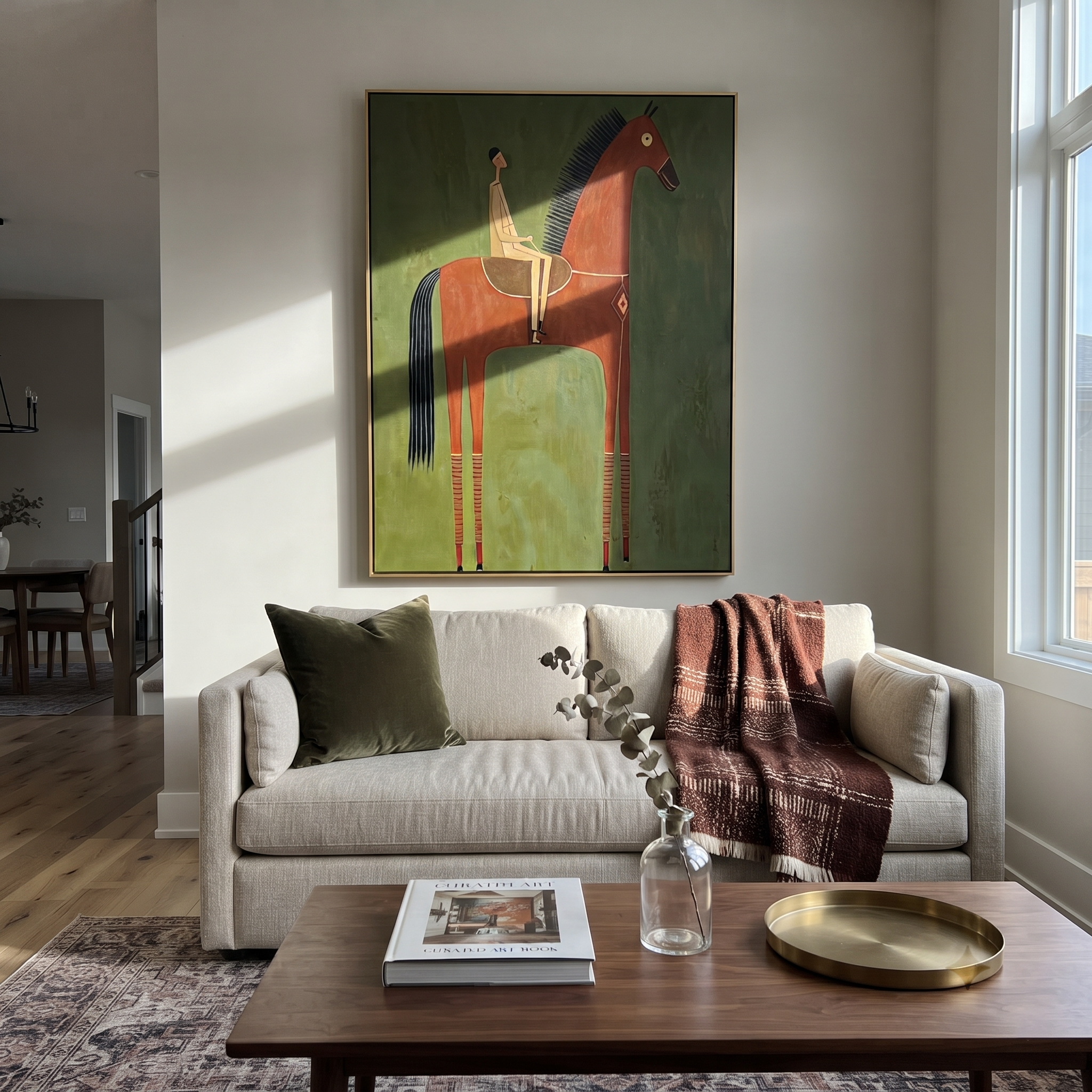 The Red Horse Carries a Quiet Rider - red horse rider painting by Isabelle Laurent, modern Western vertical wall art – styled room scene view 3