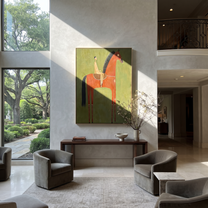 The Red Horse Carries a Quiet Rider - red horse rider painting by Isabelle Laurent, modern Western vertical wall art – styled room scene view 4