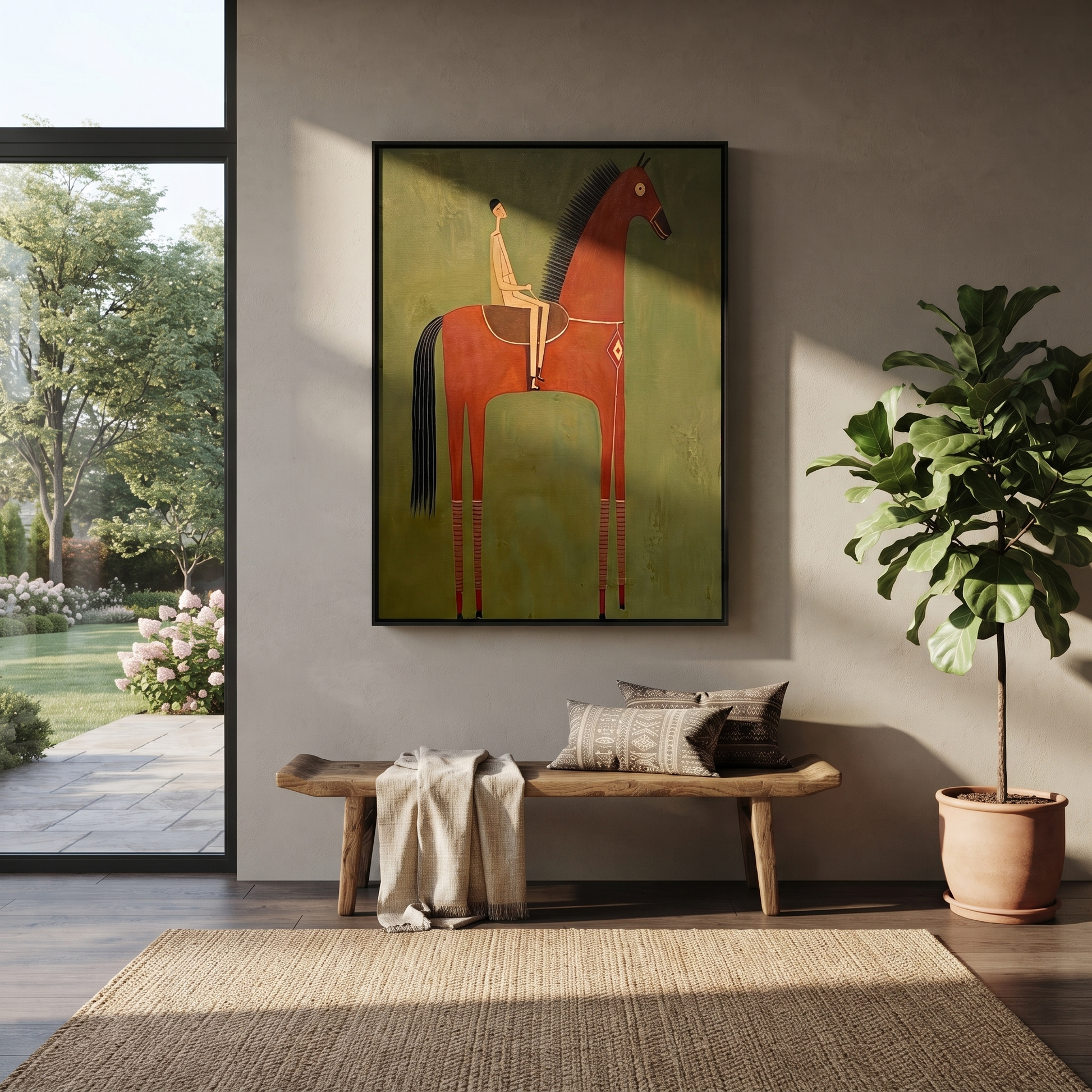 The Red Horse Carries a Quiet Rider - red horse rider painting by Isabelle Laurent, modern Western vertical wall art – styled room scene view 5