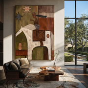 White Horse Carries the Painted Journey - abstract horse and rider painting by Isabelle Laurent, modern Western vertical wall art – styled room scene view 1