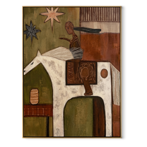 White Horse Carries the Painted Journey - abstract horse and rider painting by Isabelle Laurent, modern Western vertical wall art – wood frame on white background