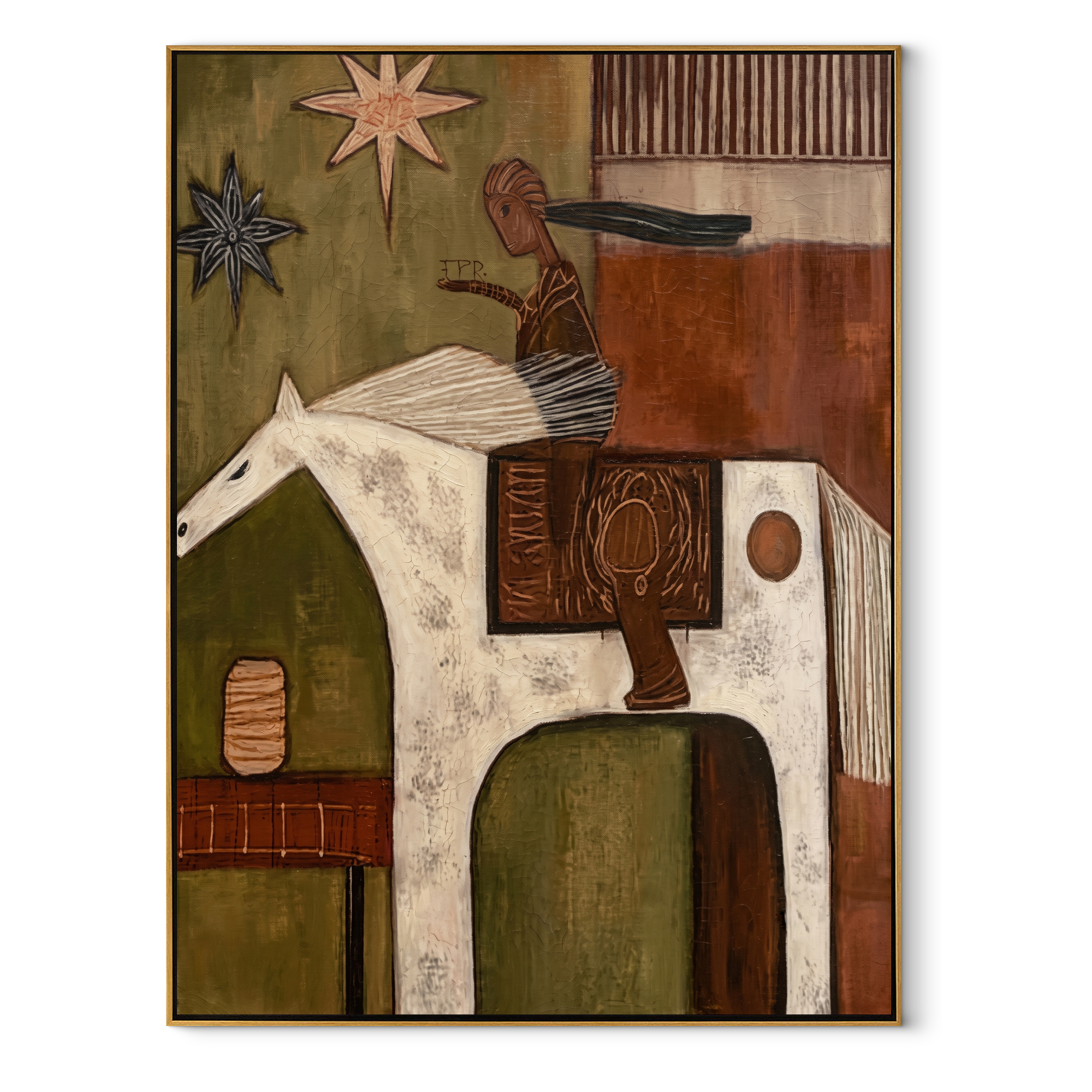 White Horse Carries the Painted Journey - abstract horse and rider painting by Isabelle Laurent, modern Western vertical wall art – wood frame on white background