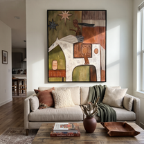 White Horse Carries the Painted Journey - abstract horse and rider painting by Isabelle Laurent, modern Western vertical wall art – styled room scene view 2