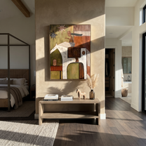 White Horse Carries the Painted Journey - abstract horse and rider painting by Isabelle Laurent, modern Western vertical wall art – styled room scene view 3