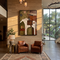 White Horse Carries the Painted Journey - abstract horse and rider painting by Isabelle Laurent, modern Western vertical wall art – styled room scene view 4