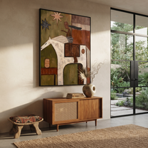 White Horse Carries the Painted Journey - abstract horse and rider painting by Isabelle Laurent, modern Western vertical wall art – styled room scene view 5